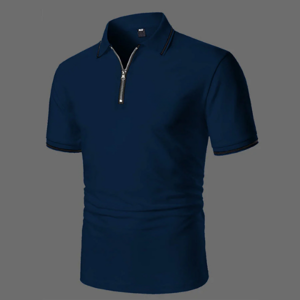 Herrkortärmad polo med dragkedja, avslappnad smart-casual, andningsbar bomullstop
