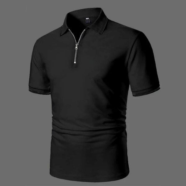 Herrkortärmad polo med dragkedja, avslappnad smart-casual, andningsbar bomullstop