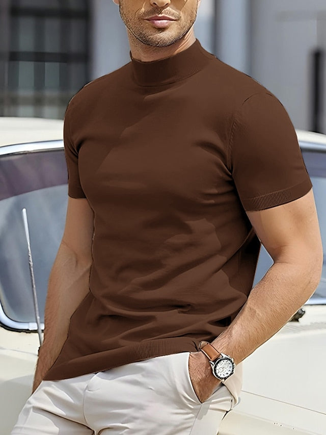 Herr Slim Fit Kortärmad Mock Neck Avslappnad Skjorta