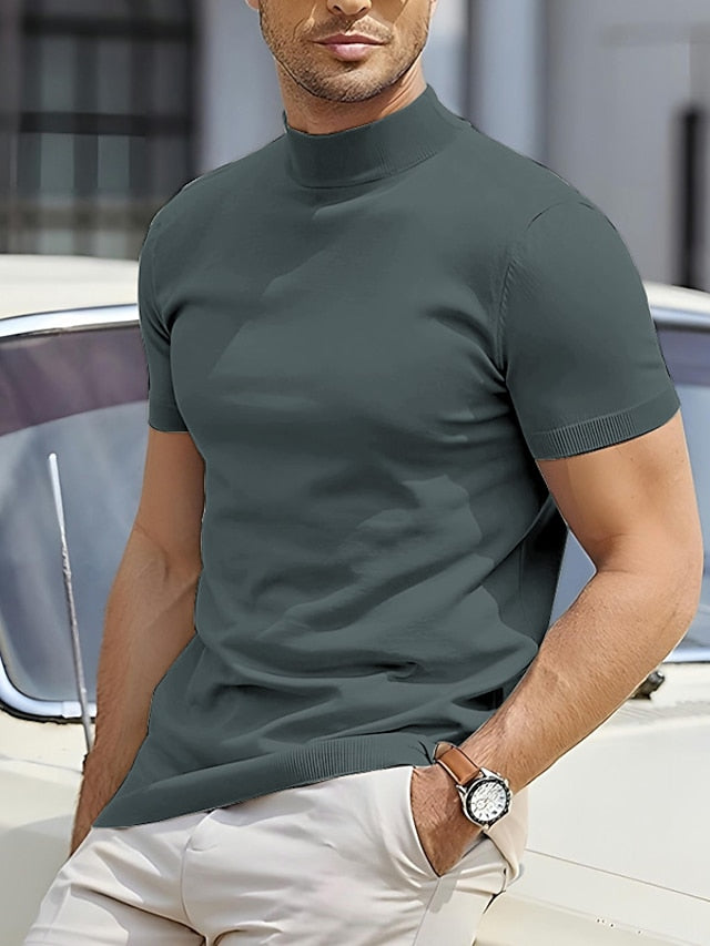 Herr Slim Fit Kortärmad Mock Neck Avslappnad Skjorta