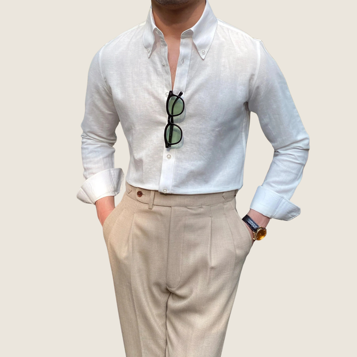 Herr Slim Fit Knapp-Down Skjorta – Lång ärm Smart Casual Stil för Sommar Arbetskläder