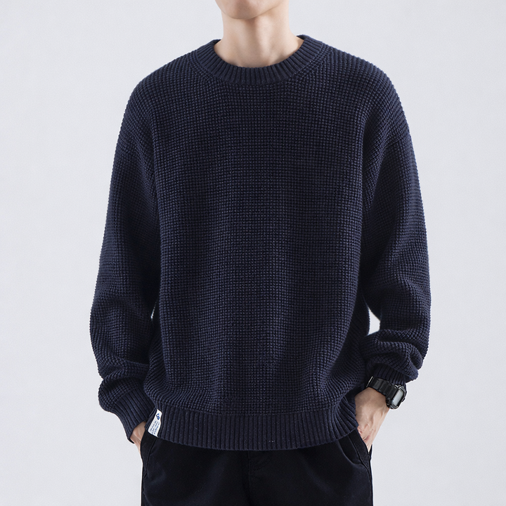 Mäns Texturerad Vintertröja – Lätt Passform Crew Neck Stickad för Vardagslager