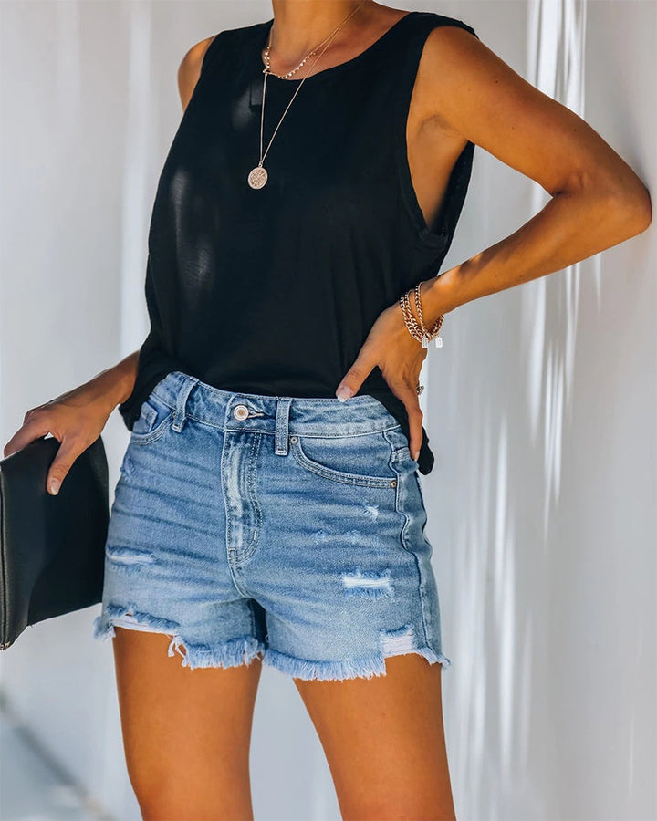 Kvinnors Mid-Rise Slitna Denimshorts Casual Sommar Varje Dags Klädsel Mångsidig Styling