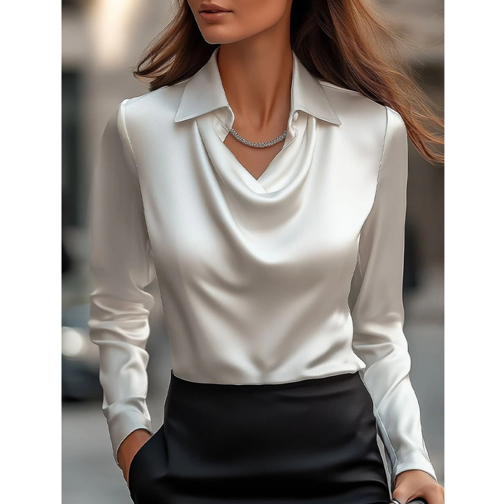 Kvinnors Satin Cowl Neck Blus – Elegant Långärmad Topp för Kontor och Kvällsbruk