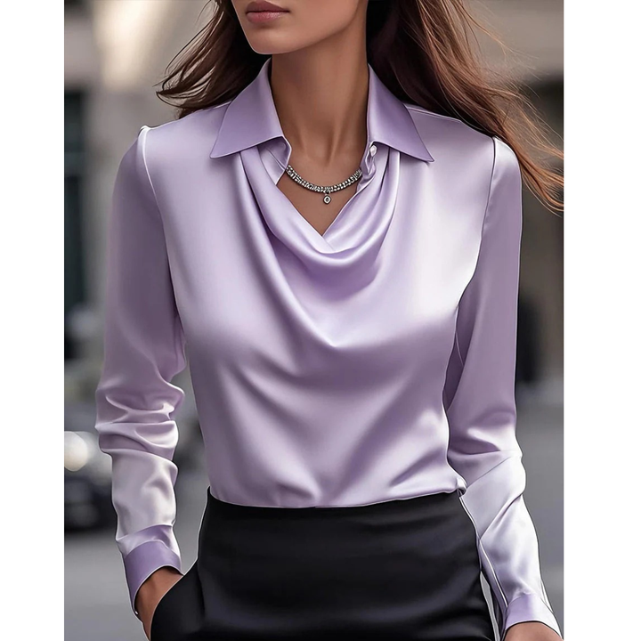 Kvinnors Satin Cowl Neck Blus – Elegant Långärmad Topp för Kontor och Kvällsbruk