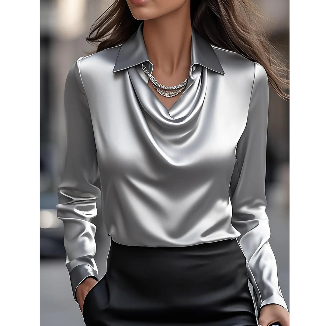Kvinnors Satin Cowl Neck Blus – Elegant Långärmad Topp för Kontor och Kvällsbruk