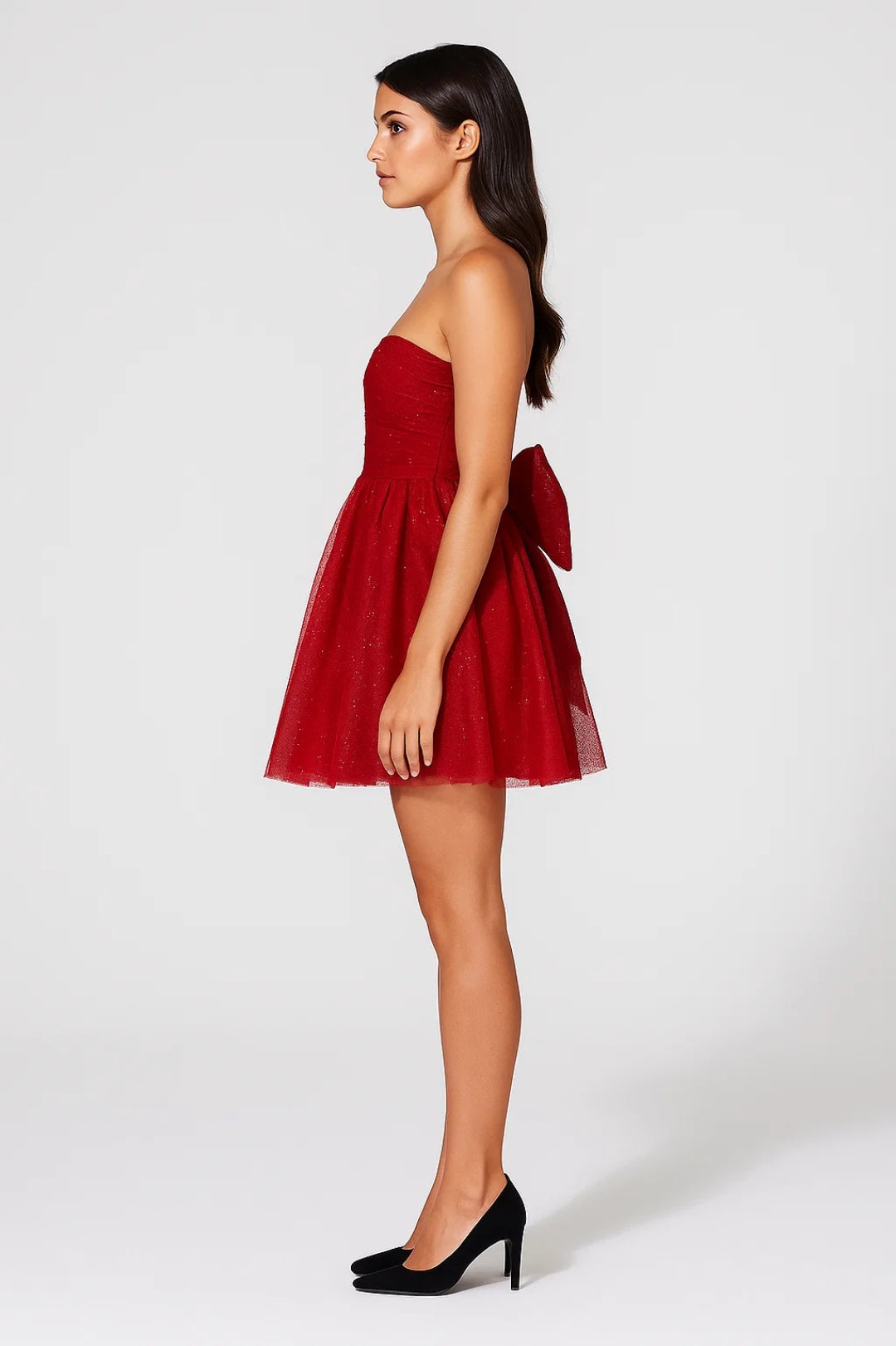 Kvinnors Strapless Tyll Mini Klänning Glittrande Fest Silhuett