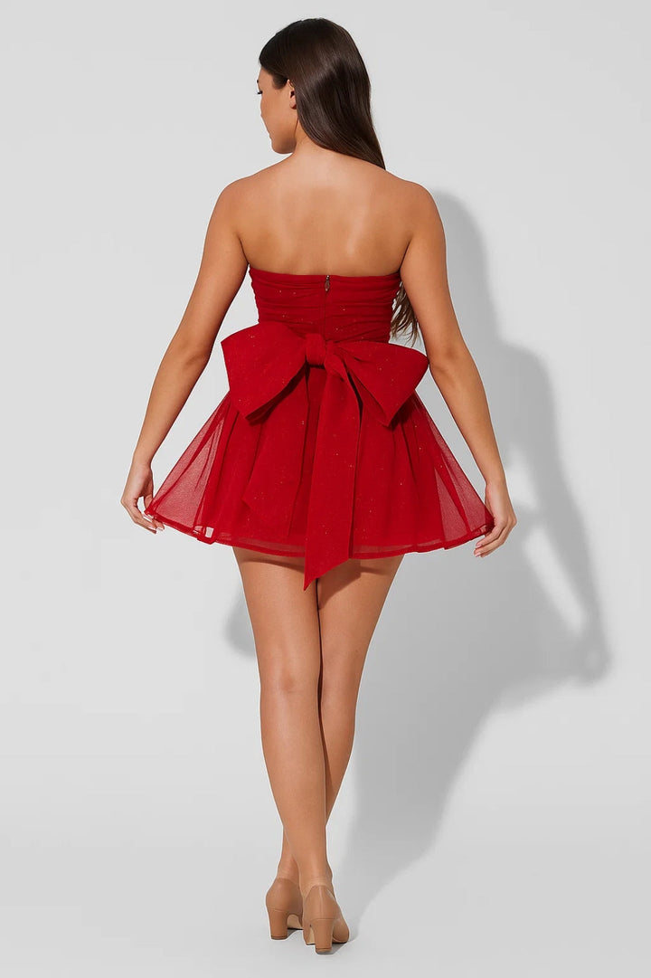 Kvinnors Strapless Tyll Mini Klänning Glittrande Fest Silhuett