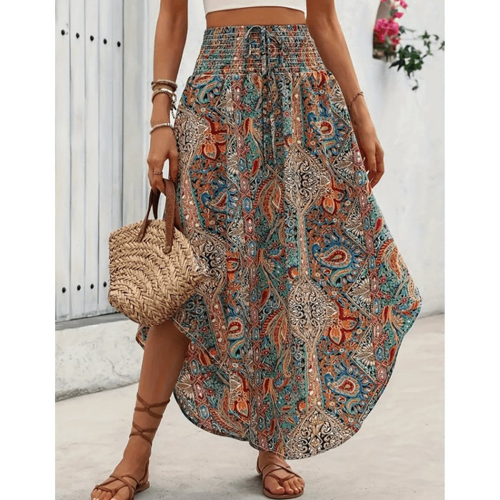 Kvinnors Tryckt Boho Maxi Kjol Hög Midja Sommar Stil
