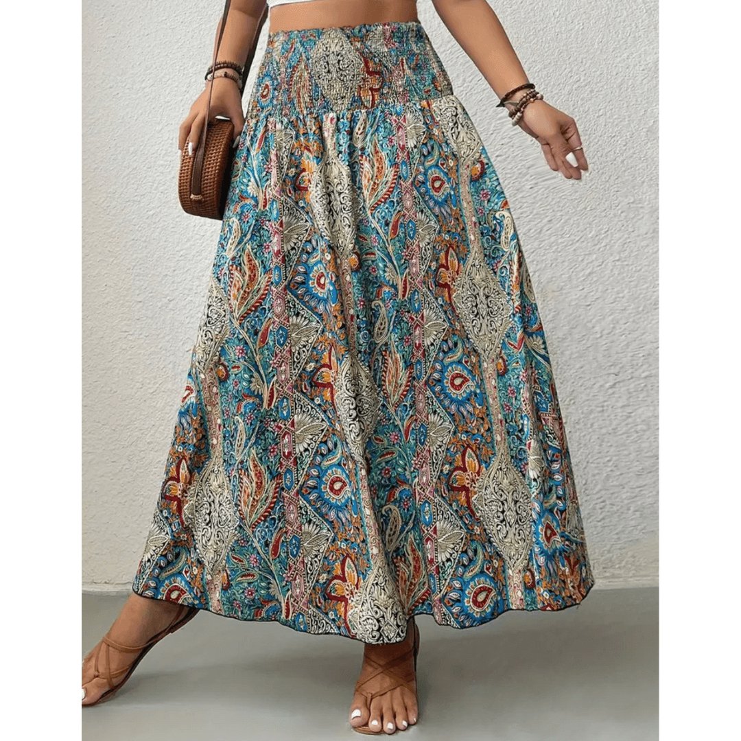 Kvinnors Tryckt Boho Maxi Kjol Hög Midja Sommar Stil