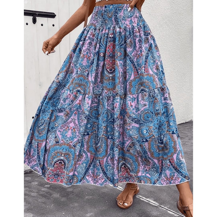 Kvinnors Tryckt Boho Maxi Kjol Hög Midja Sommar Stil