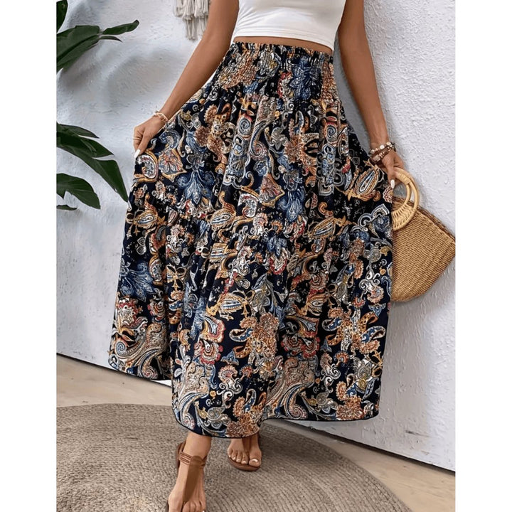Kvinnors Tryckt Boho Maxi Kjol Hög Midja Sommar Stil