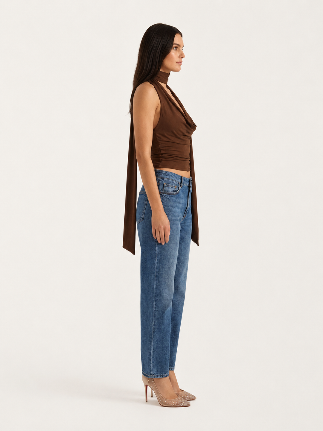 Kvinnors Draperad Halterneck Blus med Scarf Urrigning utan Ärmar