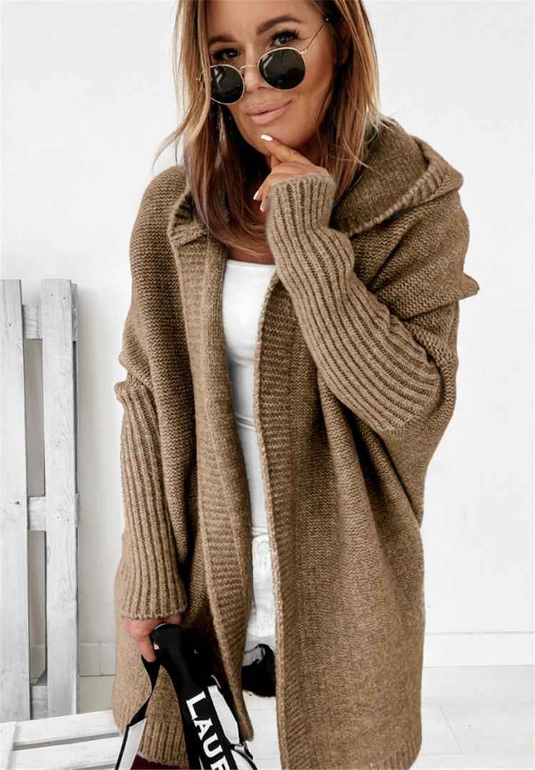 Kvinnors Hooded Oversized Stickad Cardigan – Mysig Öppen Framsida för Höst och Resa
