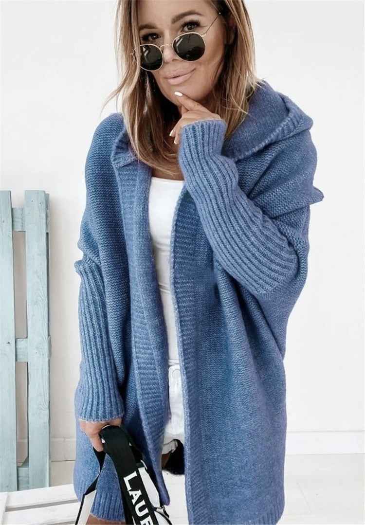 Kvinnors Hooded Oversized Stickad Cardigan – Mysig Öppen Framsida för Höst och Resa