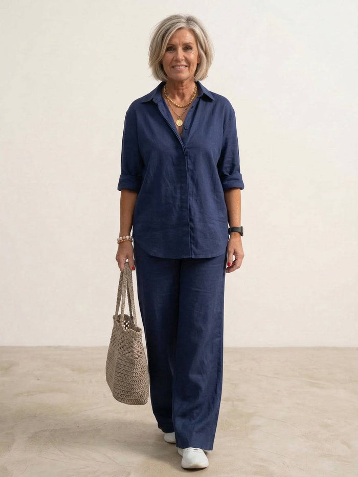 Kvinnors Oversized Linne Skjorta och Vida Byxor Set