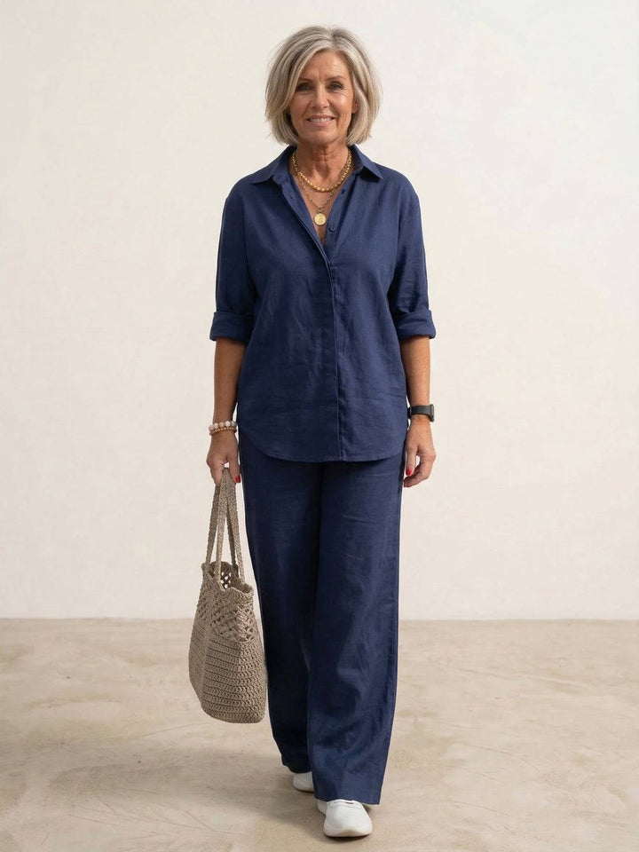 Kvinnors Oversized Linne Skjorta och Vida Byxor Set