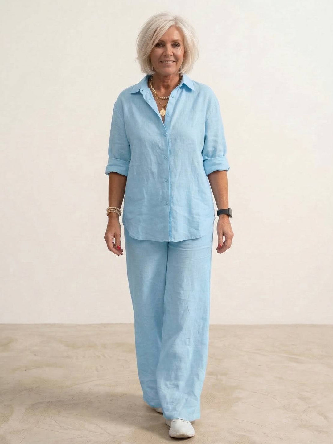 Kvinnors Oversized Linne Skjorta och Vida Byxor Set