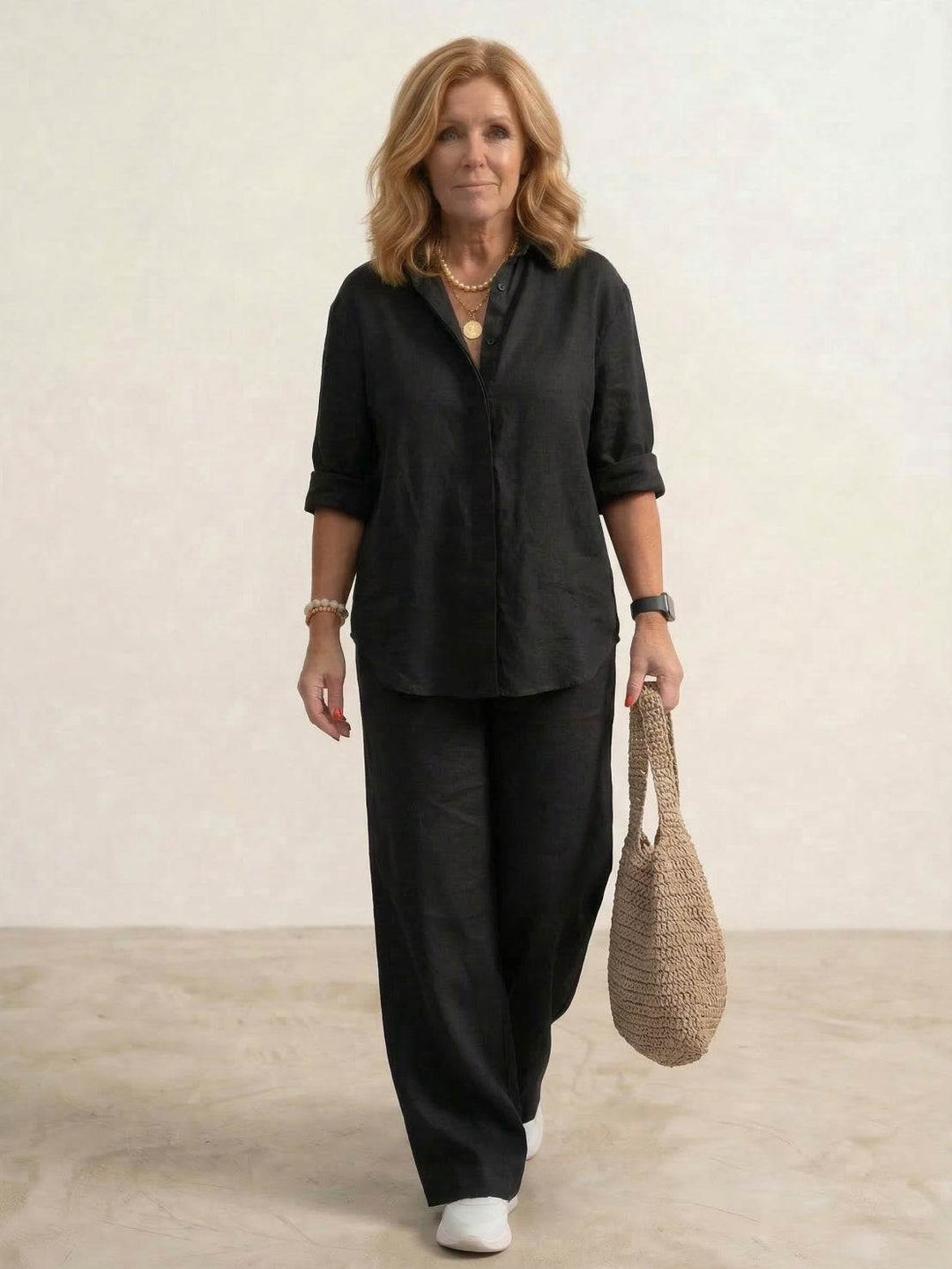 Kvinnors Oversized Linne Skjorta och Vida Byxor Set