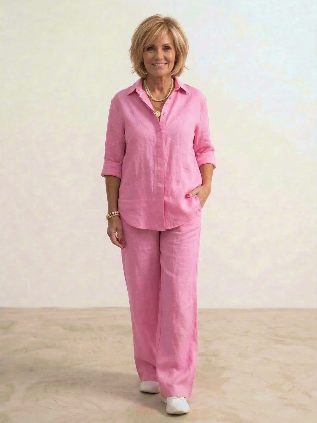 Kvinnors Oversized Linne Skjorta och Vida Byxor Set