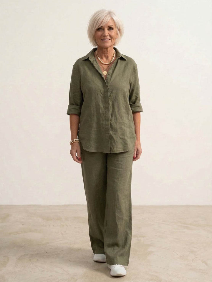 Kvinnors Oversized Linne Skjorta och Vida Byxor Set