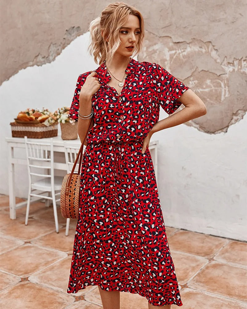 Kvinnors Midi Sommarklänning Justerbar Midja Lättviktig Tryckt Avslappnad Elegant Semesteroutfit