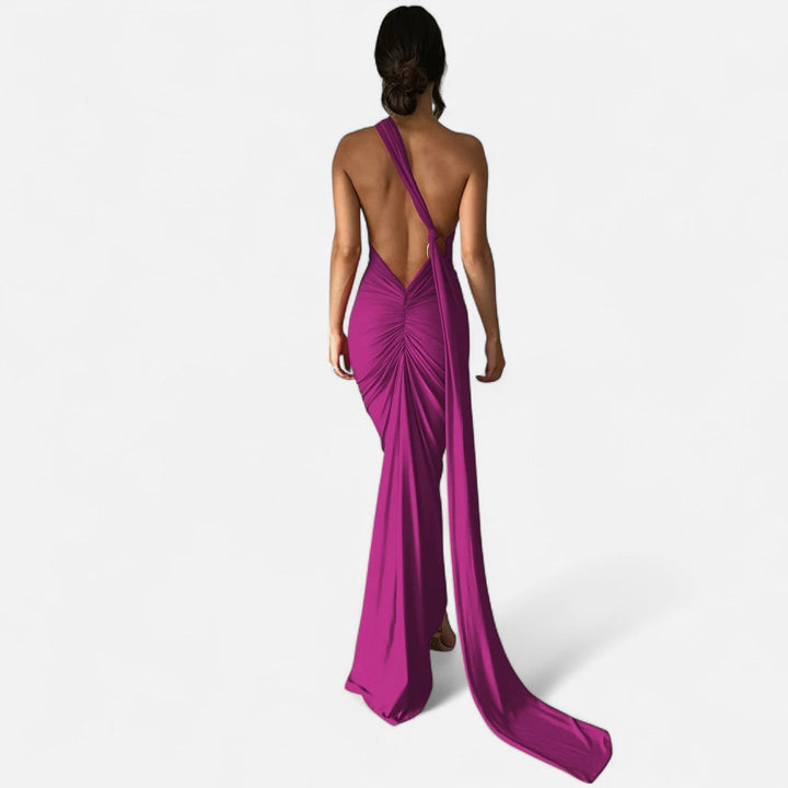 Kvinnors Enaxlad Halterneck Maxi Klänning – Fitted Gown för Kvällsevenemang