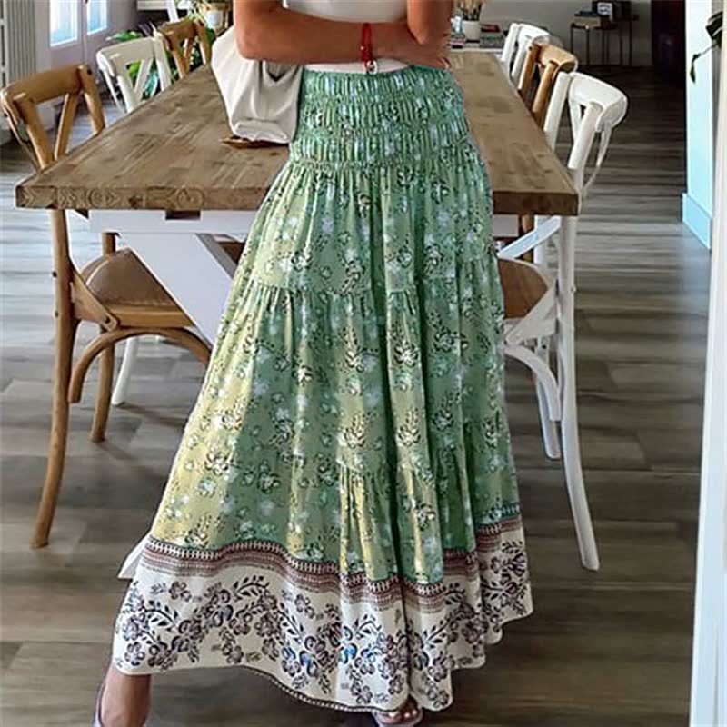 Kvinnors Bohemiska Lager Midi Kjol Elastisk Midja Flödande Lätt Sommarkjol