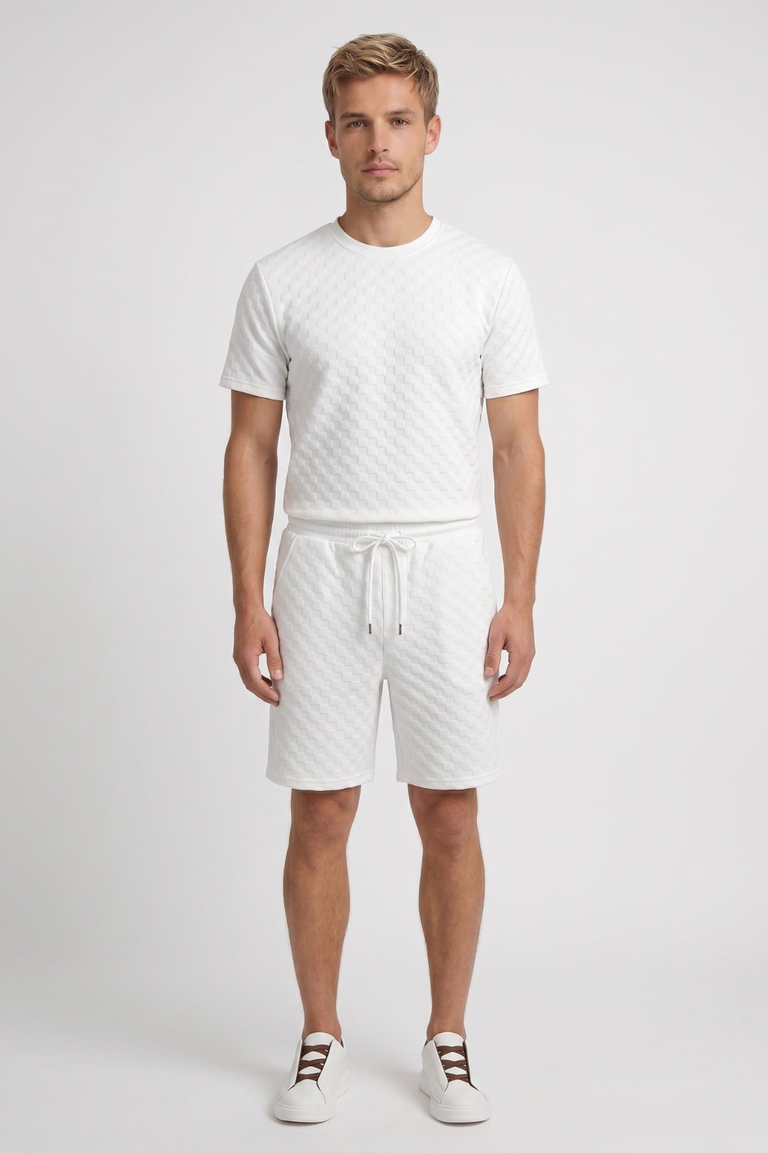 Herr Waffle T-Shirt Set Avslappnade Drawstring Shorts
