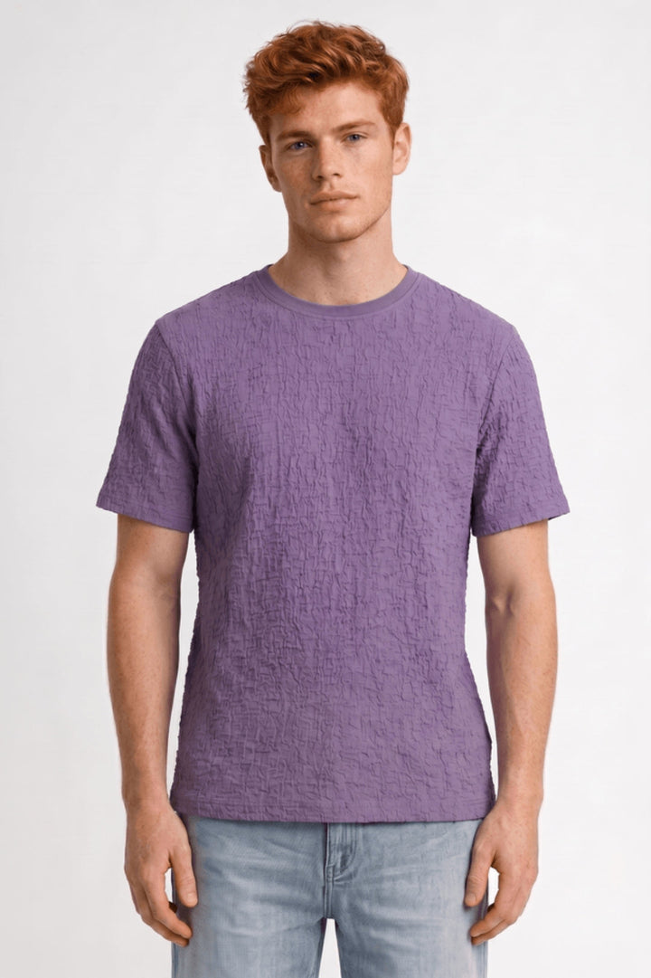Herrars krinklad textur T-shirt avslappnad rundhalsad topp