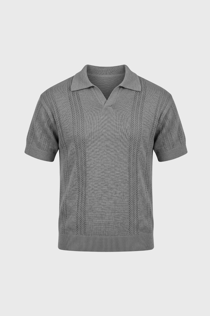 Herrars Texturerad Stickad Polo Öppen Krage Skjorta