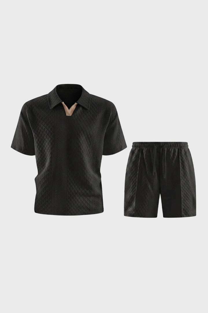 Herrarnas Texturerade Poloset Med Dragsko Resortshorts