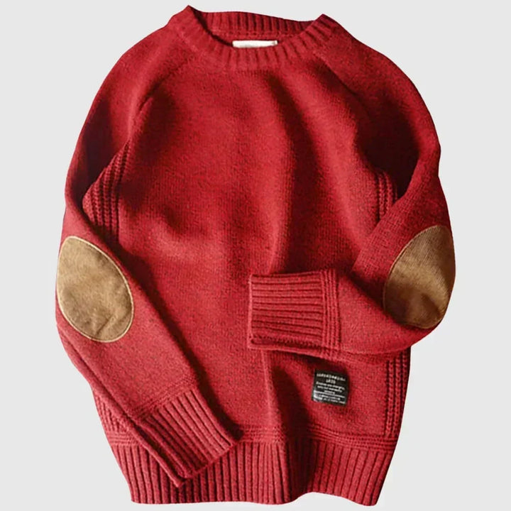 Herrens Varm Crew-Neck Jumper med Armbågsfickor – Avslappnad Vinterstickad för Kontor och Helgklädsel