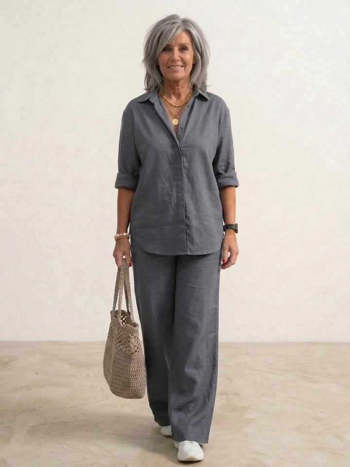 Kvinnors Oversized Linne Skjorta och Vida Byxor Set