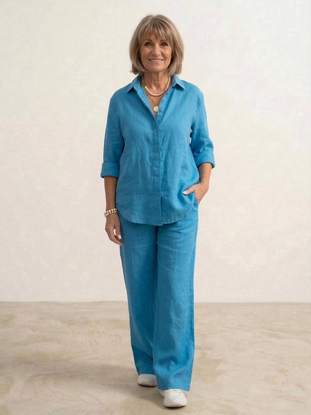 Kvinnors Oversized Linne Skjorta och Vida Byxor Set