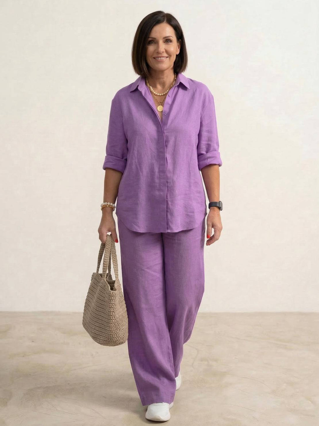 Kvinnors Oversized Linne Skjorta och Vida Byxor Set