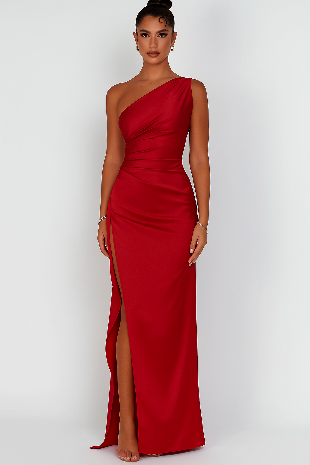 Kvinnors Satin Enaxlad Maxi Klänning Elegant Splits Formell Kväll Slim Fit Flödande Klänning