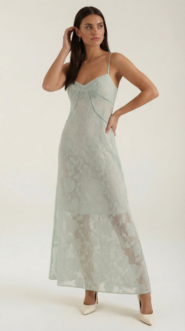 Kvinnors Sweetheart Jacquard Maxi Klänning med Delikata Remmar