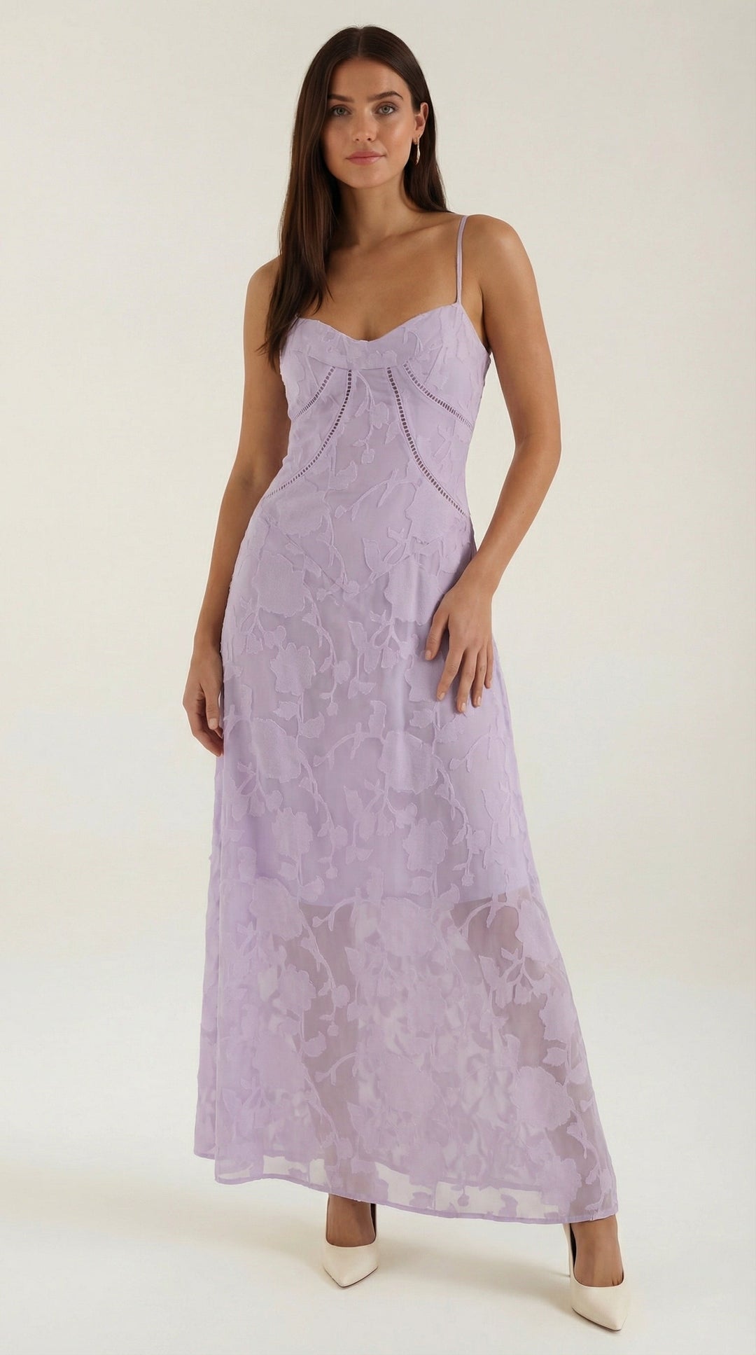 Kvinnors Sweetheart Jacquard Maxi Klänning med Delikata Remmar