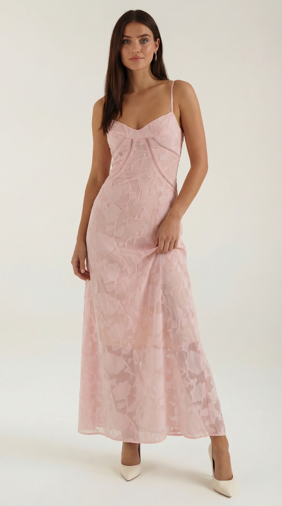 Kvinnors Sweetheart Jacquard Maxi Klänning med Delikata Remmar