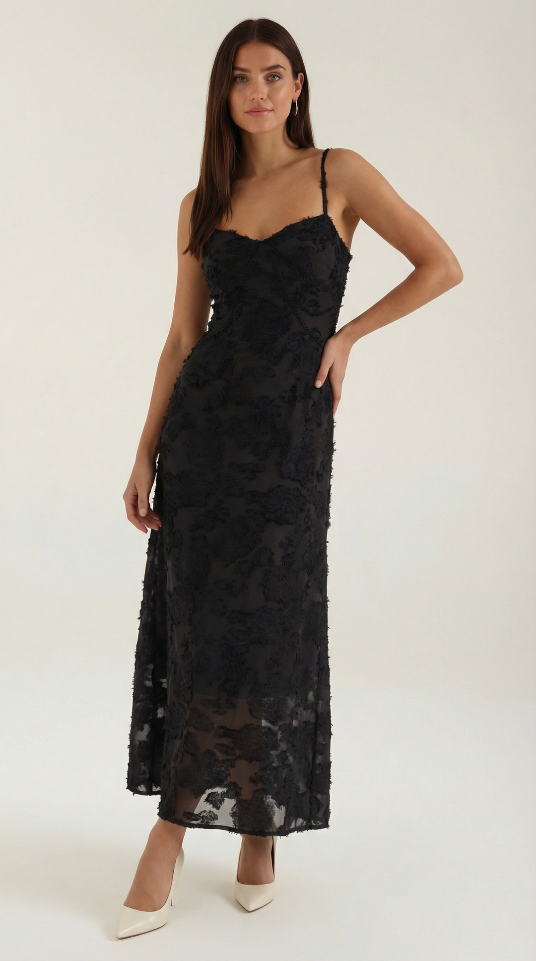 Kvinnors Sweetheart Jacquard Maxi Klänning med Delikata Remmar