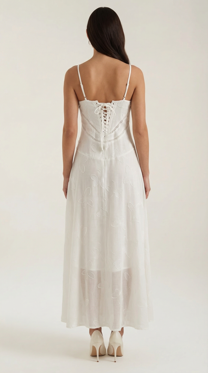 Kvinnors Sweetheart Jacquard Maxi Klänning med Delikata Remmar