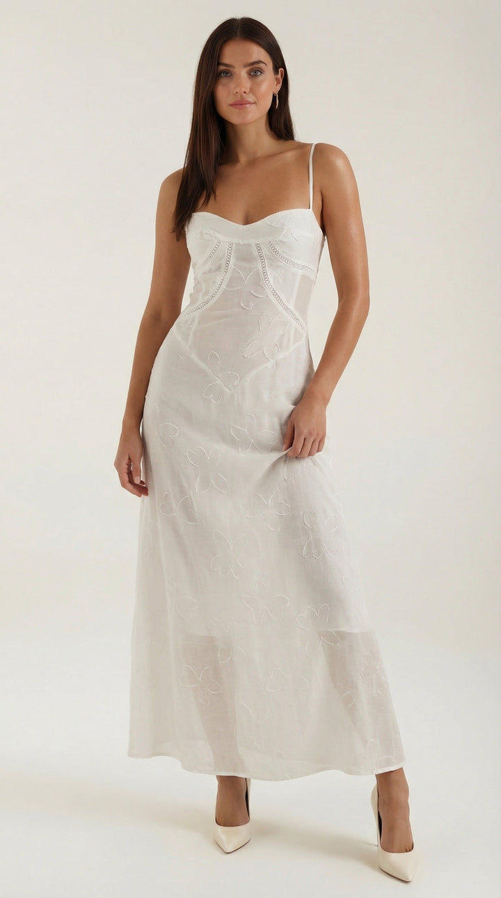 Kvinnors Sweetheart Jacquard Maxi Klänning med Delikata Remmar