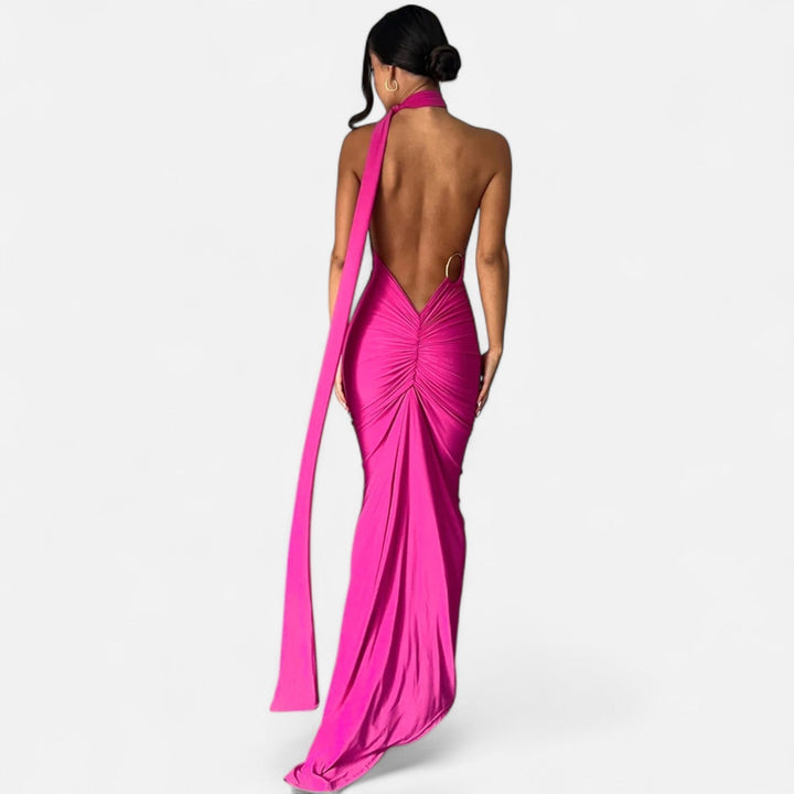 Kvinnors Enaxlad Halterneck Maxi Klänning – Fitted Gown för Kvällsevenemang