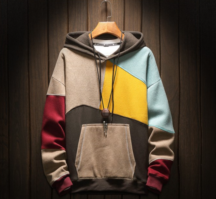 Herrens Färgblock Pullover Hoodie – Avslappnad Känguruficka Sweatshirt för Avslappnad Vinterbruk