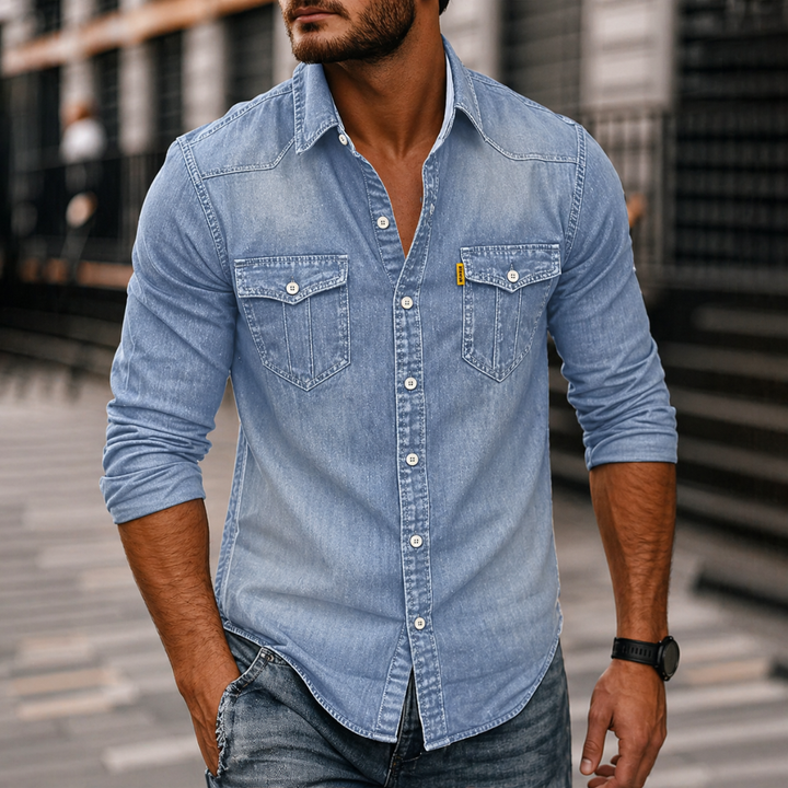 Herr Denim Skjorta med Långa Ärmar – Avslappnad Knapp-up med Bröstfickor för Vardagsbruk