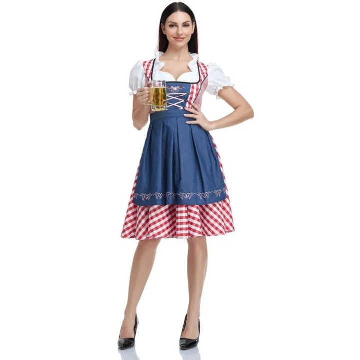 Kvinnors Rutig Dirndl Klänning – Snörning Oktoberfest Midi med Förkläde