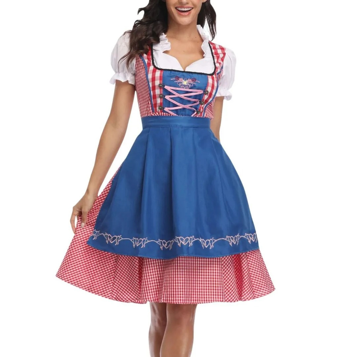 Kvinnors Rutig Dirndl Klänning – Snörning Oktoberfest Midi med Förkläde