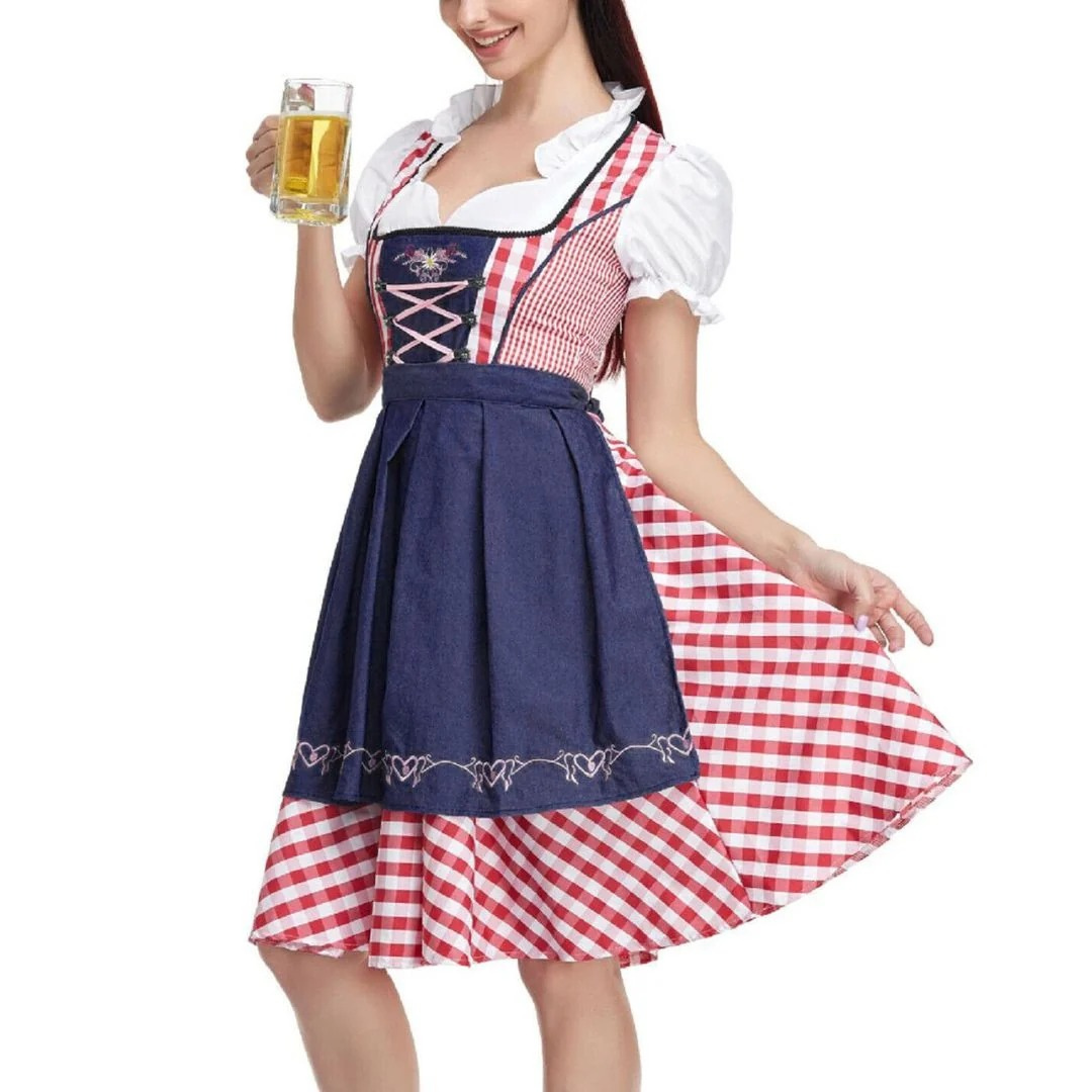Kvinnors Rutig Dirndl Klänning – Snörning Oktoberfest Midi med Förkläde