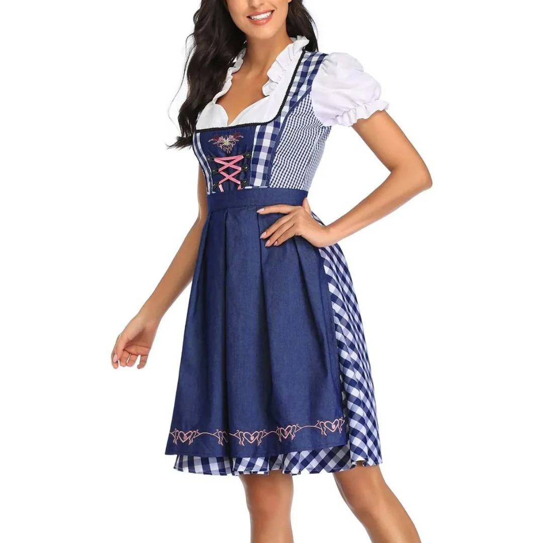 Kvinnors Rutig Dirndl Klänning – Snörning Oktoberfest Midi med Förkläde